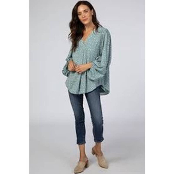 Mint Green Printed V-Neck Bubble long sleeve blouse - Picture 15 of 16